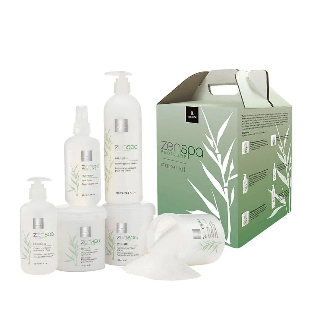 Starter Kit Set Jessica:ZenSpa Revive Volcanic Pumice Esfoliante Piedi Scrub 435 g + Aloe Vera Cuticole Gel 251 ml + Vitamin E Crema Idratante Piedi 425 g + Sale Lenitivo Piedi 453 g
