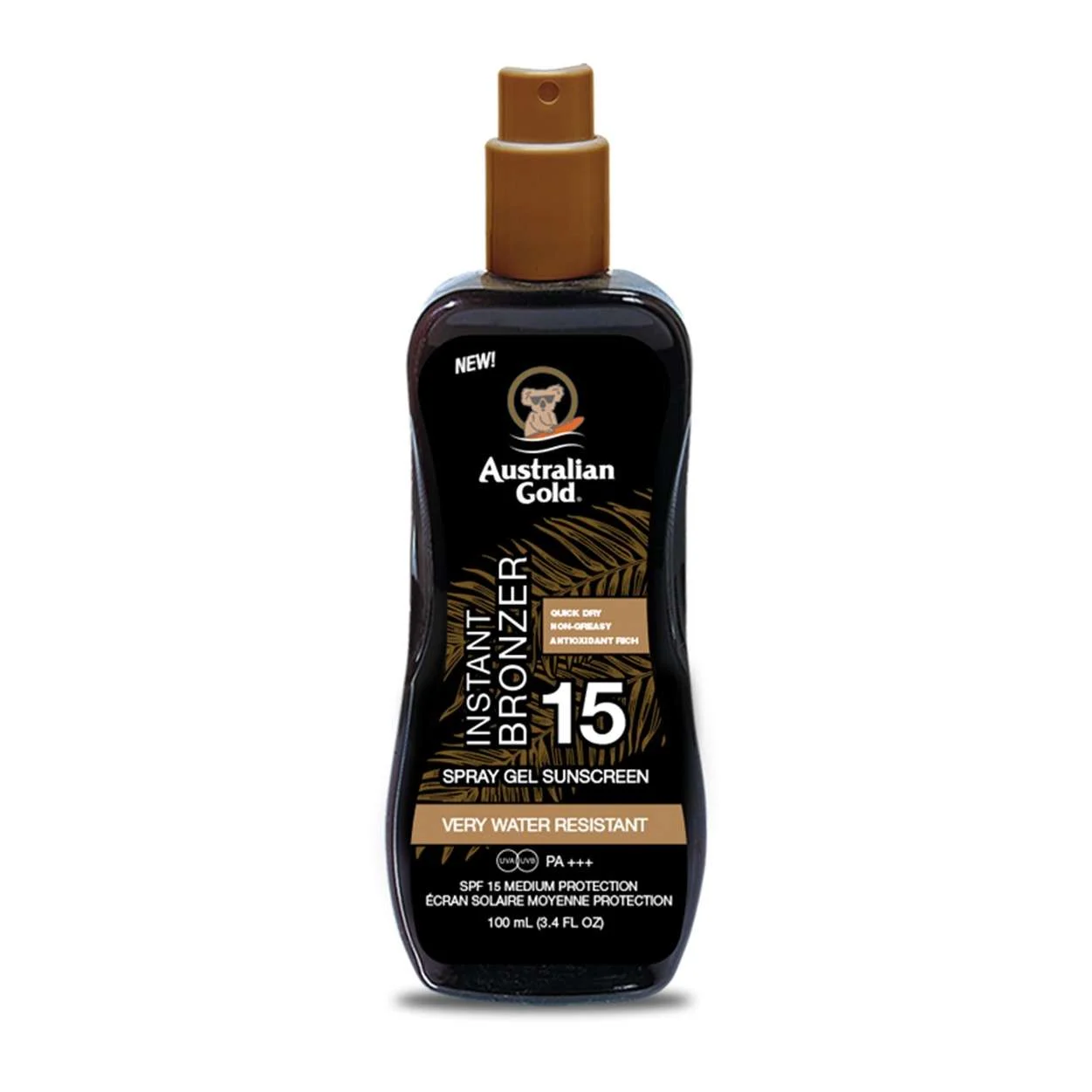 AUSTRALIAN GOLD SPF 15 INSTANT BRONZER SPRAY GEL SUNSCREEN 100 ML.