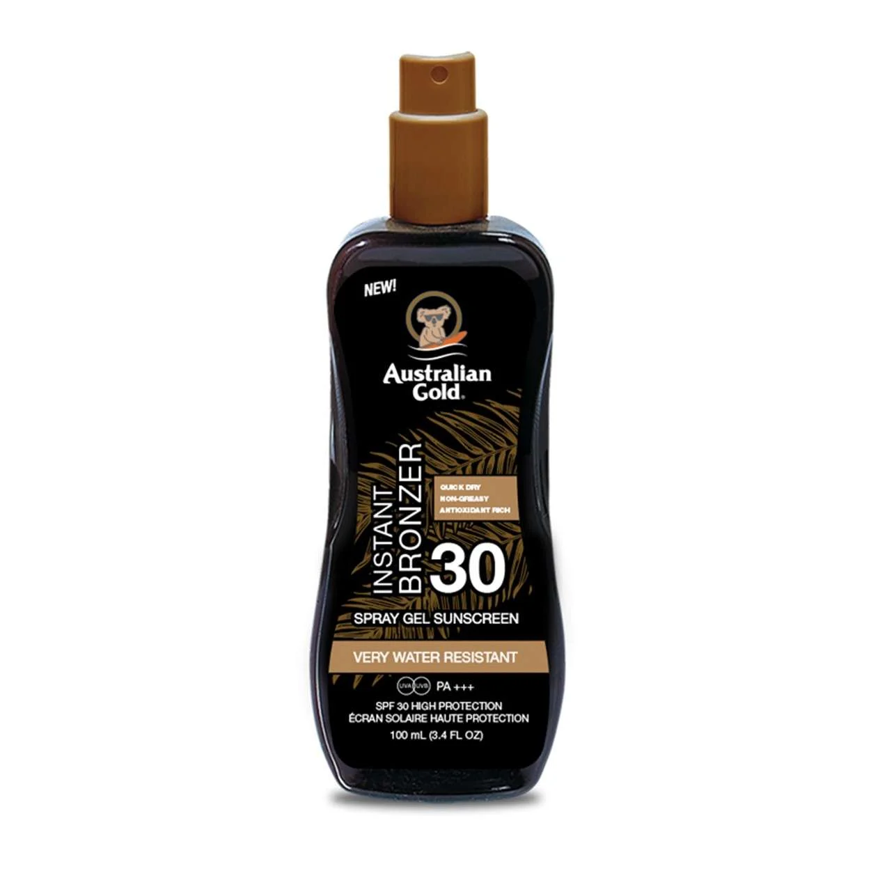 AUSTRALIAN GOLD SPF 30 INSTANT BRONZER SPRAY GEL SUNSCREEN 100 ML.