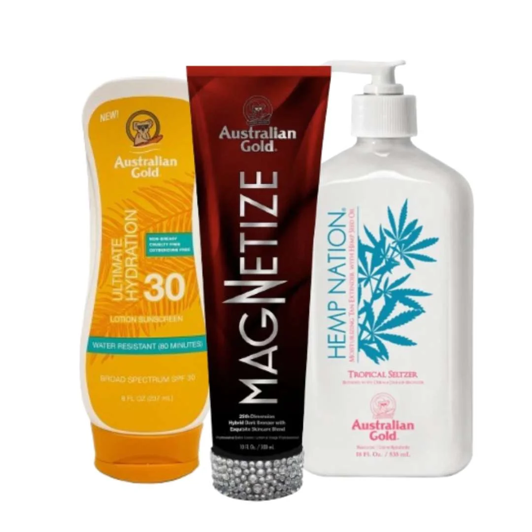 AUSTRALIAN GOLD LOTION SUNSCREEN TAN & PROTECT SPF 30 + MAGNETIZE 300 ML. + HEMP NATION TROPICA