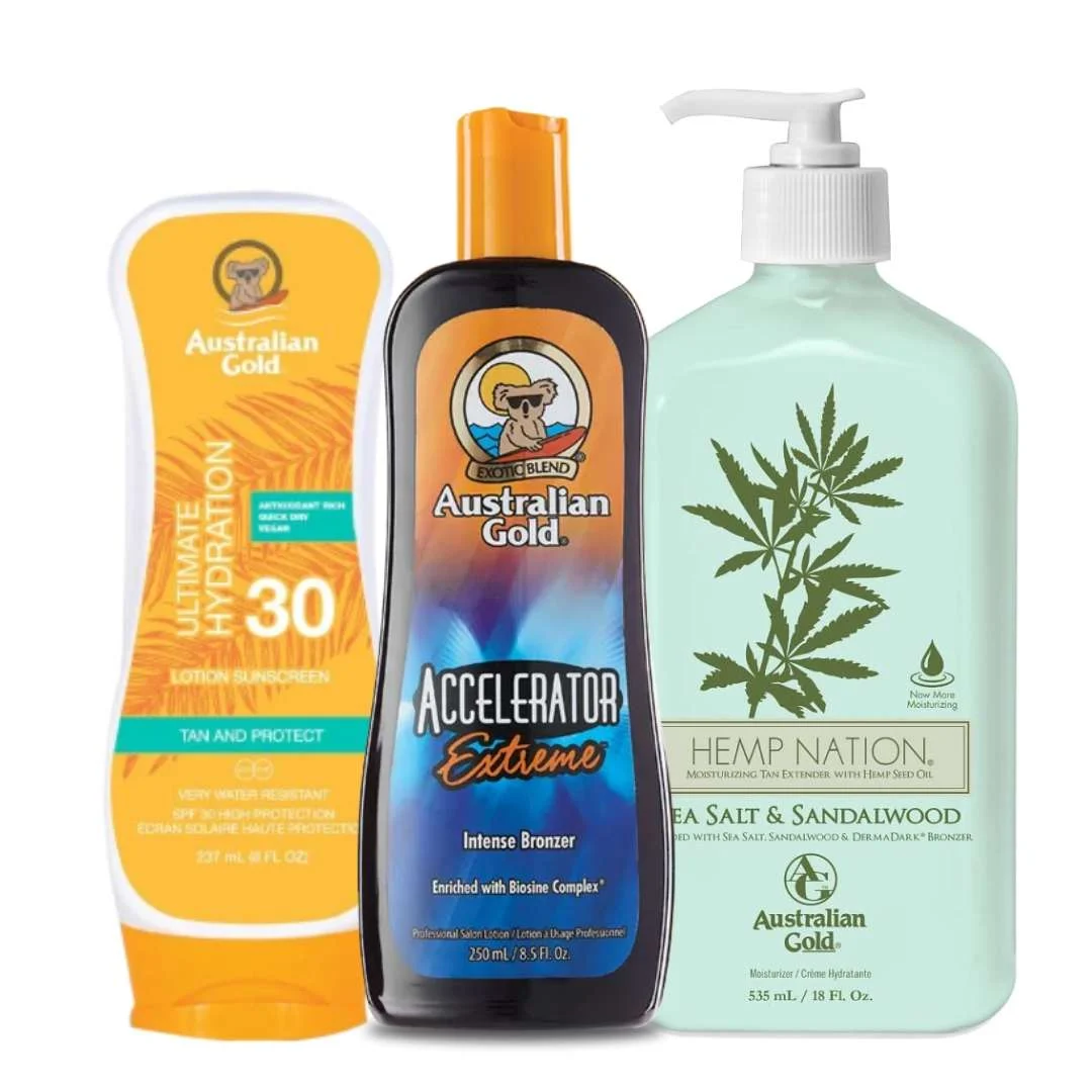 AUSTRALIAN GOLD EXTREME INTENSE BRONZER + ULTIMATE HYDRATION LOTION SPF 30 + HEMP NATION SEA SALT &