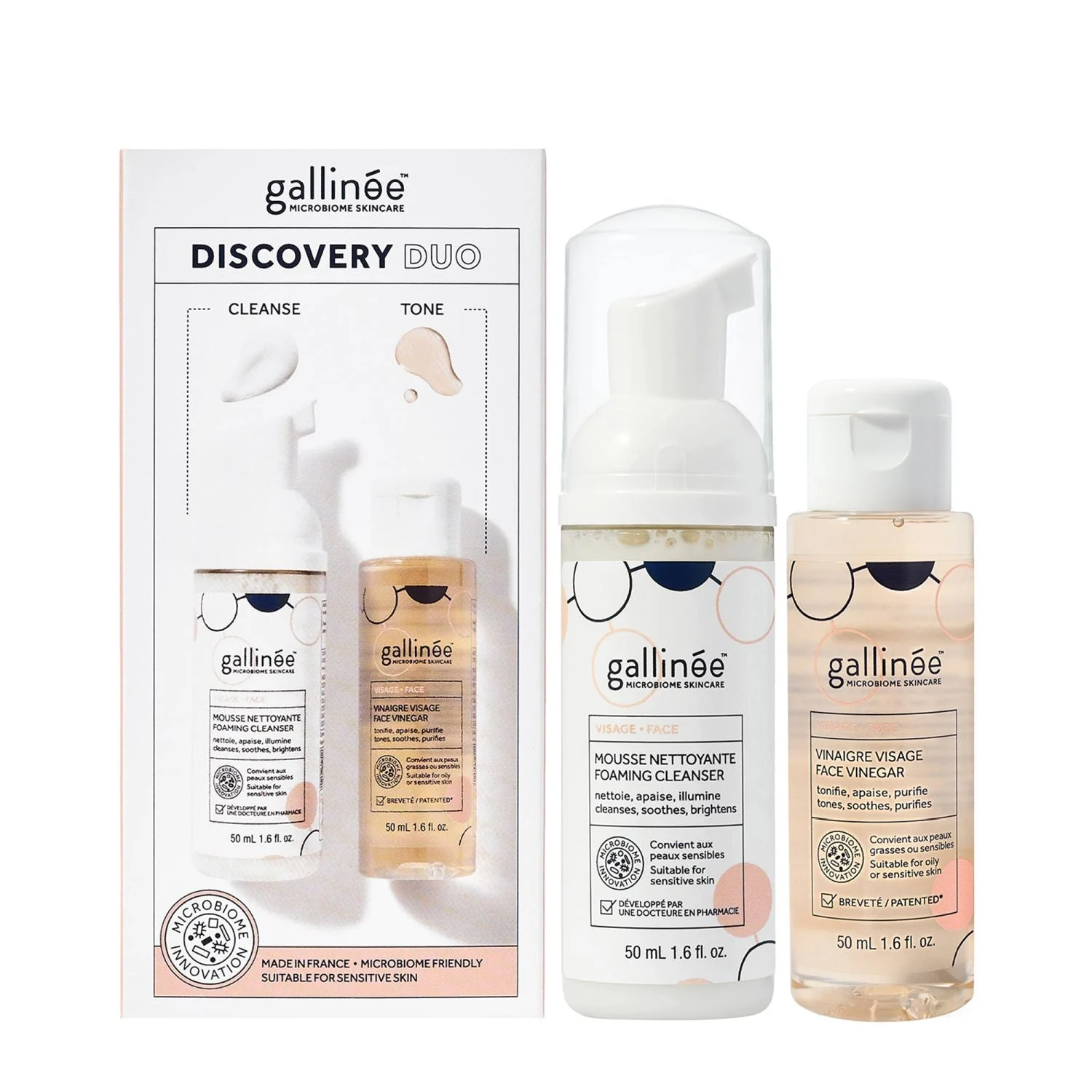 Duo Set Gallinee: Microbiome Skincare, prebiotici e postbiotici, purificante, schiuma detergente, 50 ml +, prebiotici e postbiotici, lenitivo, lozione, per il viso, 50 ml