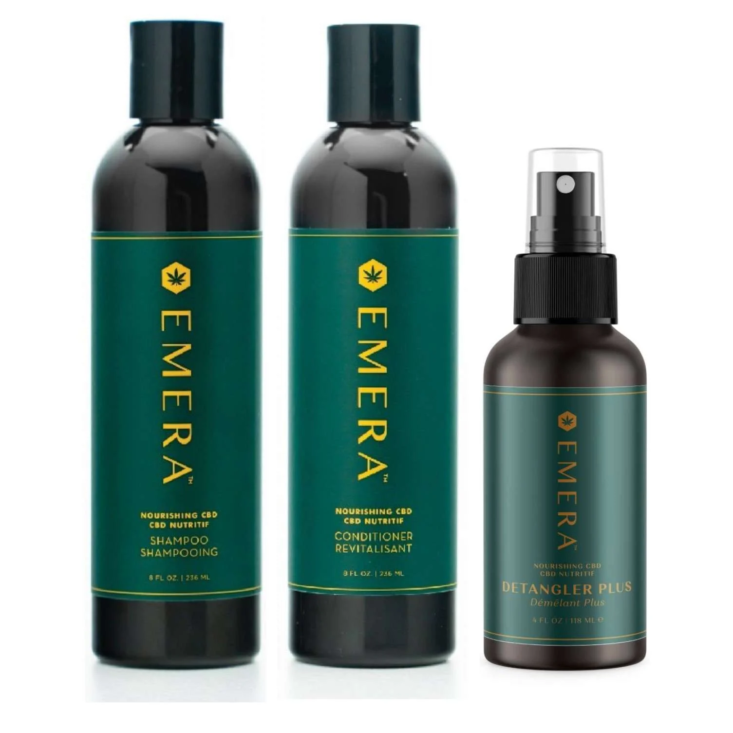 EMERA SHAMPOO 296 ML, CONDITIONER 296 ML & DETANGLER PLUS 118 ML. NOURISHING CBD