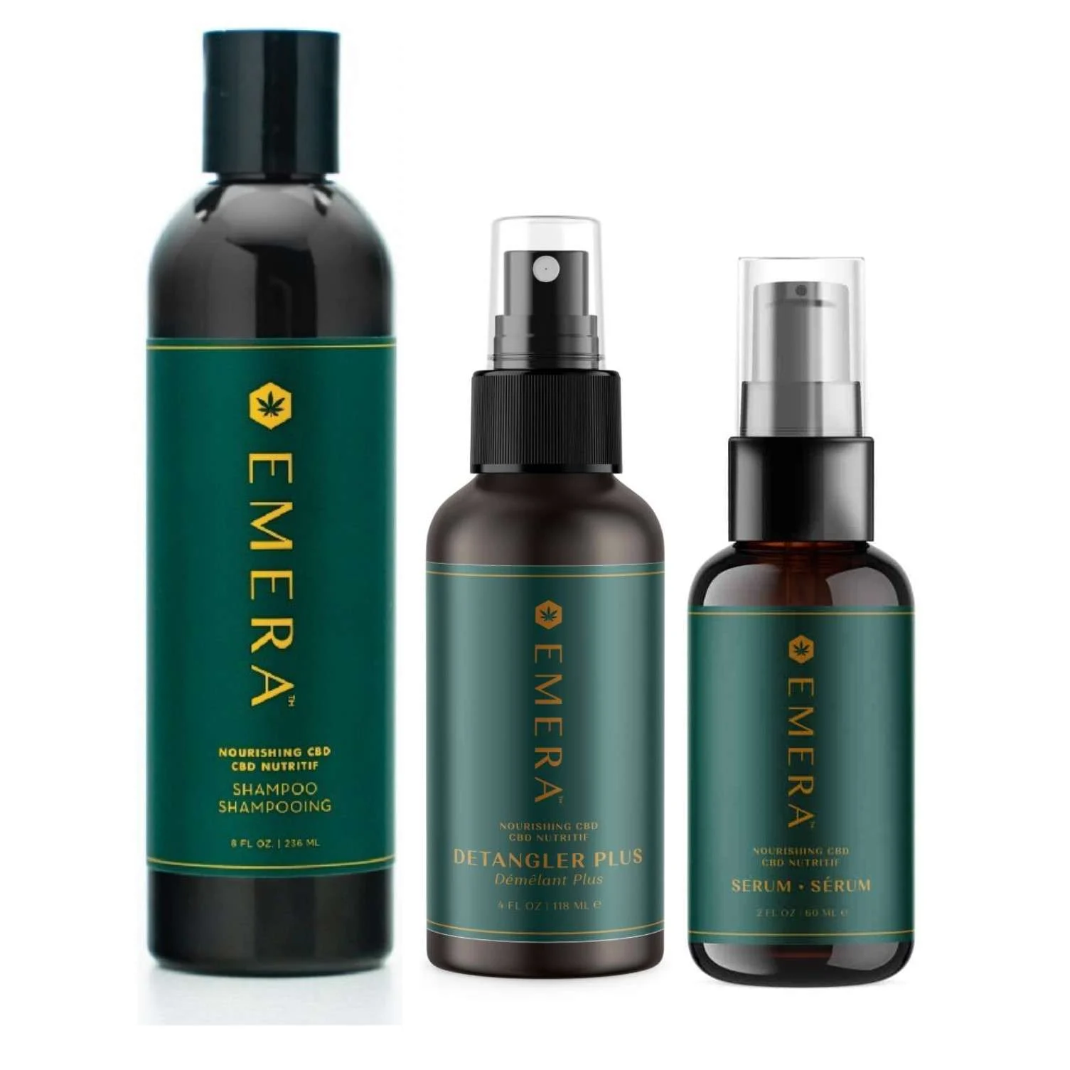 EMERA SHAMPOO 296 ML, SERUM 60 ML & DETANGLER PLUS 118 ML. NOURISHING CBD