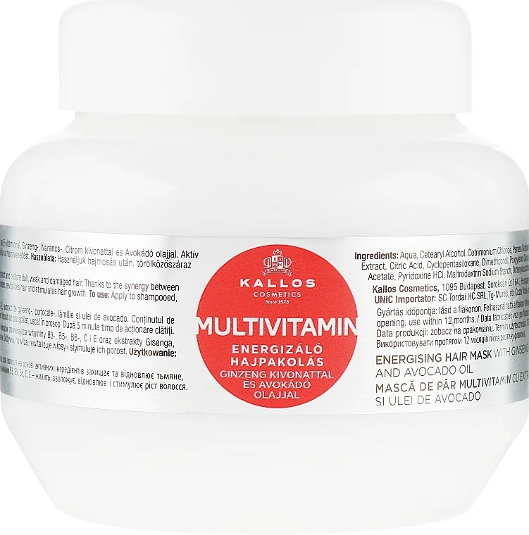 Maschera energizzante multivitaminica per capelli, con estratto di ginseng e olio di avocado