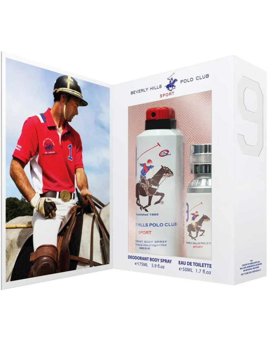 Set regalo Beverly Hills Polo Club: 1982 - Sport 8, Eau de toilette, da uomo, 50 ml + 1982 - Sport 9, antitraspirante, deodorante spray, da donna, 150 ml