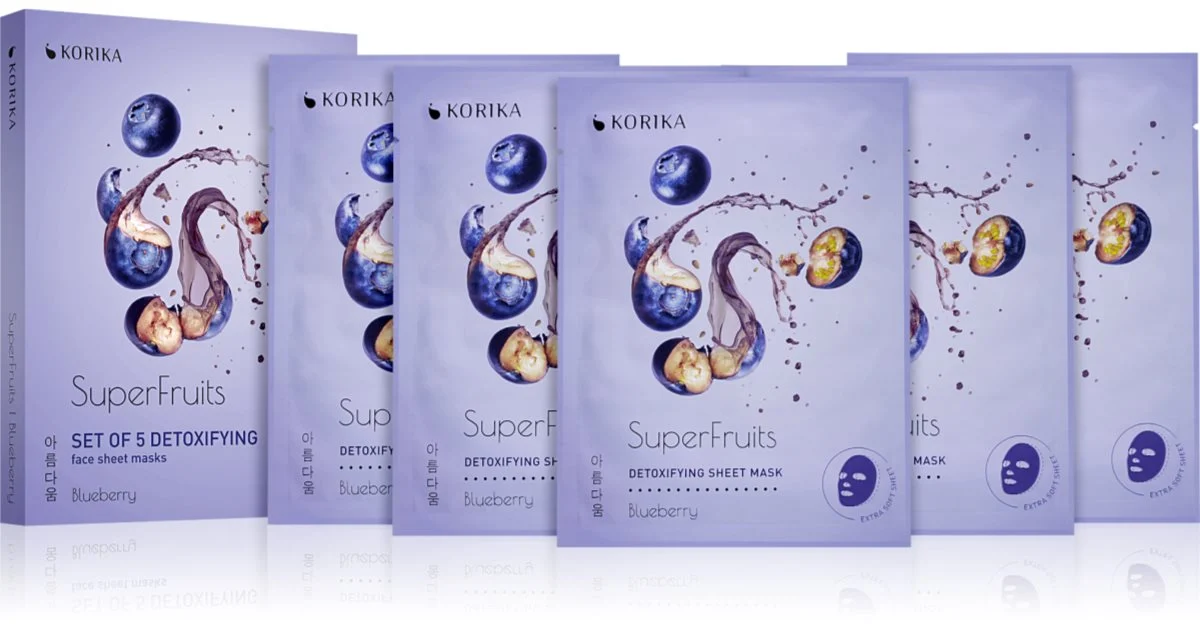 KORIKA SuperFruits Blueberry - Set di 5 maschere viso detossinanti in tessuto con effetto disintossicante