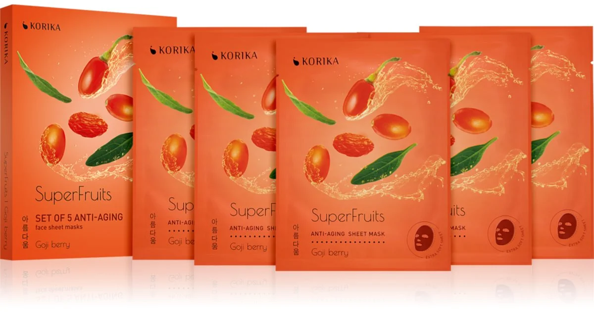 KORIKA SuperFruits Goji Berry -Set di 5 maschere anti-età in tessuto per il viso effetto ringiovanente 5× 25 g