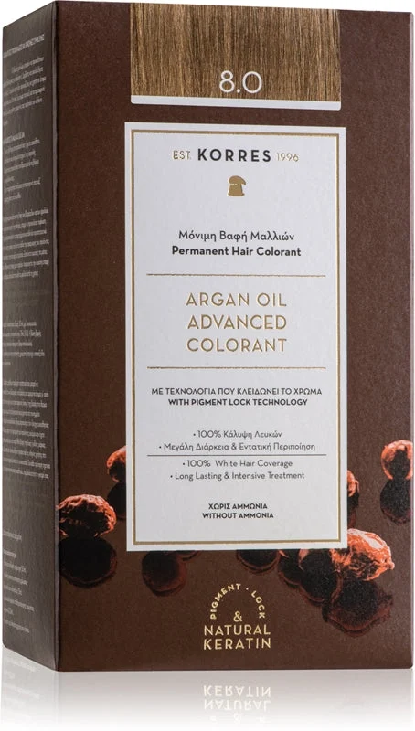 Korres Argan Oil tinta permanente per capelli con olio di argan colore 8.0 biondo chiaro