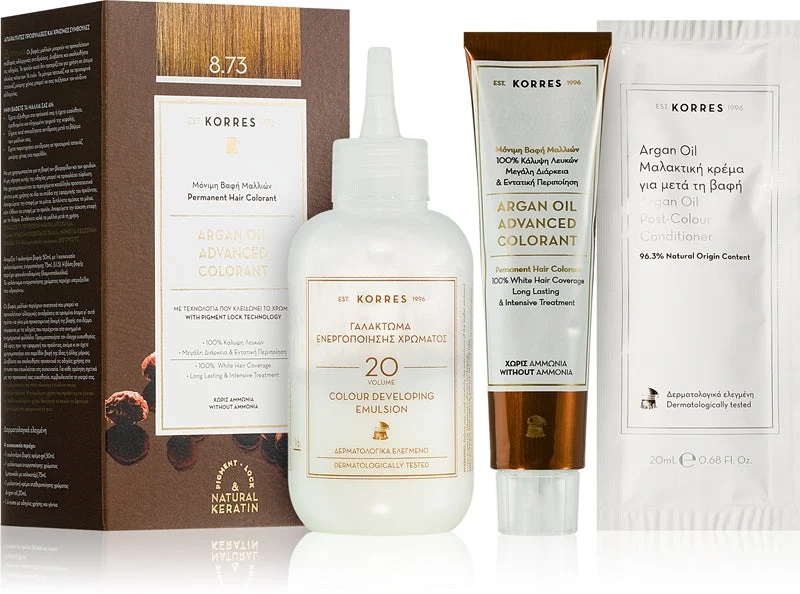 Korres Argan Oil tinta permanente per capelli con olio di argan colore 8.73 Caramello dorato 50 ml