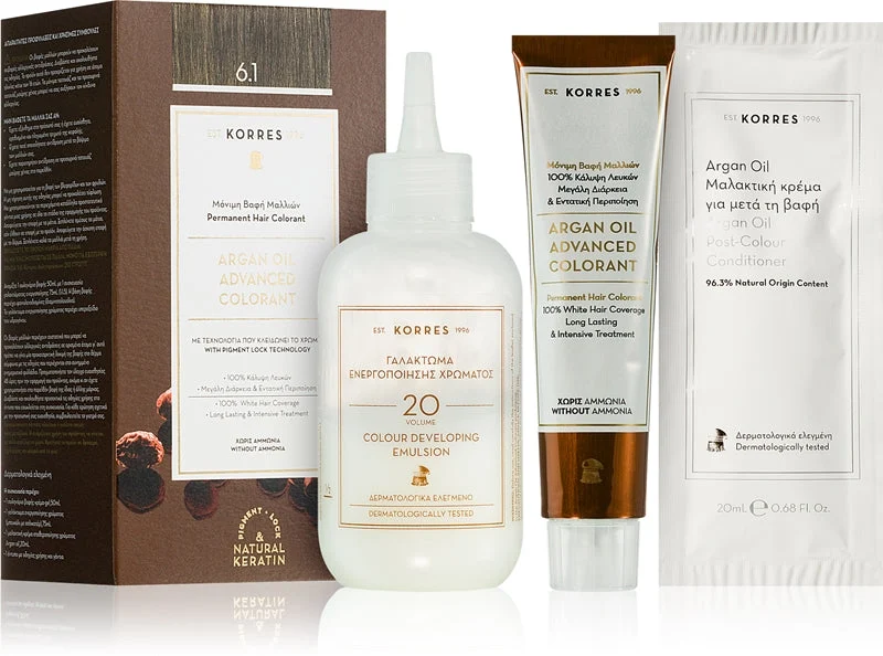 Korres Argan Oil tinta permanente per capelli con olio di argan colore 6.1 Biondo scuro cenere 50 ml