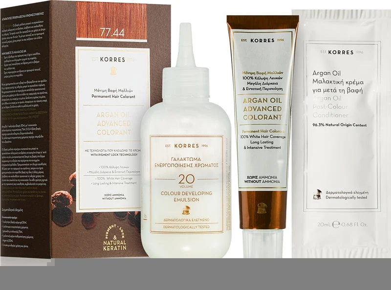 Korres Argan Oil tinta permanente per capelli con olio di argan colore 77.44 Biondo Rame Intenso 50ml