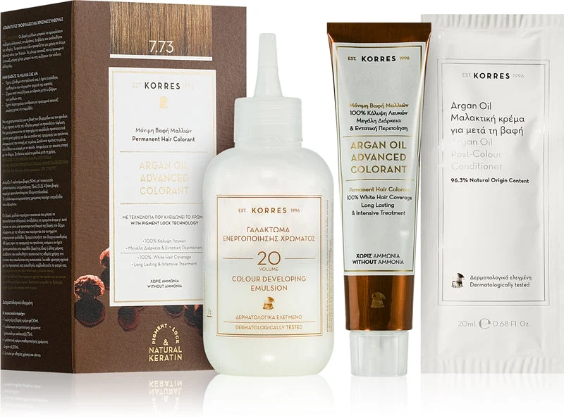 Korres Argan Oil tinta permanente per capelli con olio di argan colore 7.73 Cacao moka 50 ml