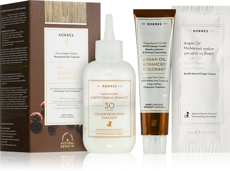 Korres Argan Oil tinta permanente per capelli con olio di argan colore 8.1 Biondo Chiaro Cenere 50 ml