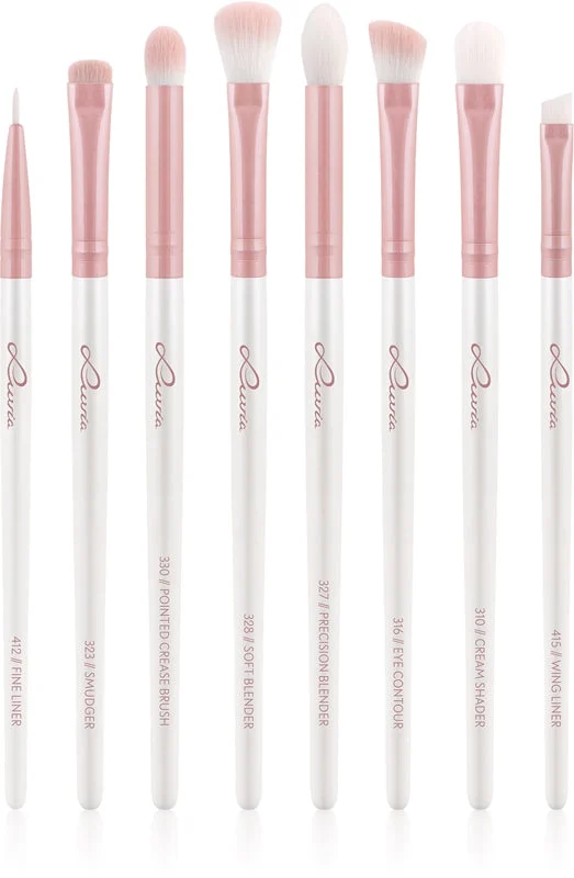 Luvia Cosmetics Prime Vegan All Eye Want set di pennelli per gli occhi Bianco perla / Caffè marrone metallizzato Candy (Bianco perla / Rosa) 8 pezzi