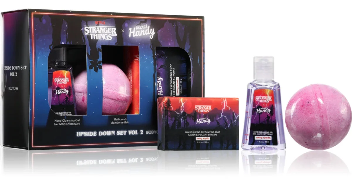 Merci Handy Upside Down Volume 2 confezione regalo da donna gel detergente per le mani 30 ml + sapone idratante 100 g + bomba da bagno 100 g