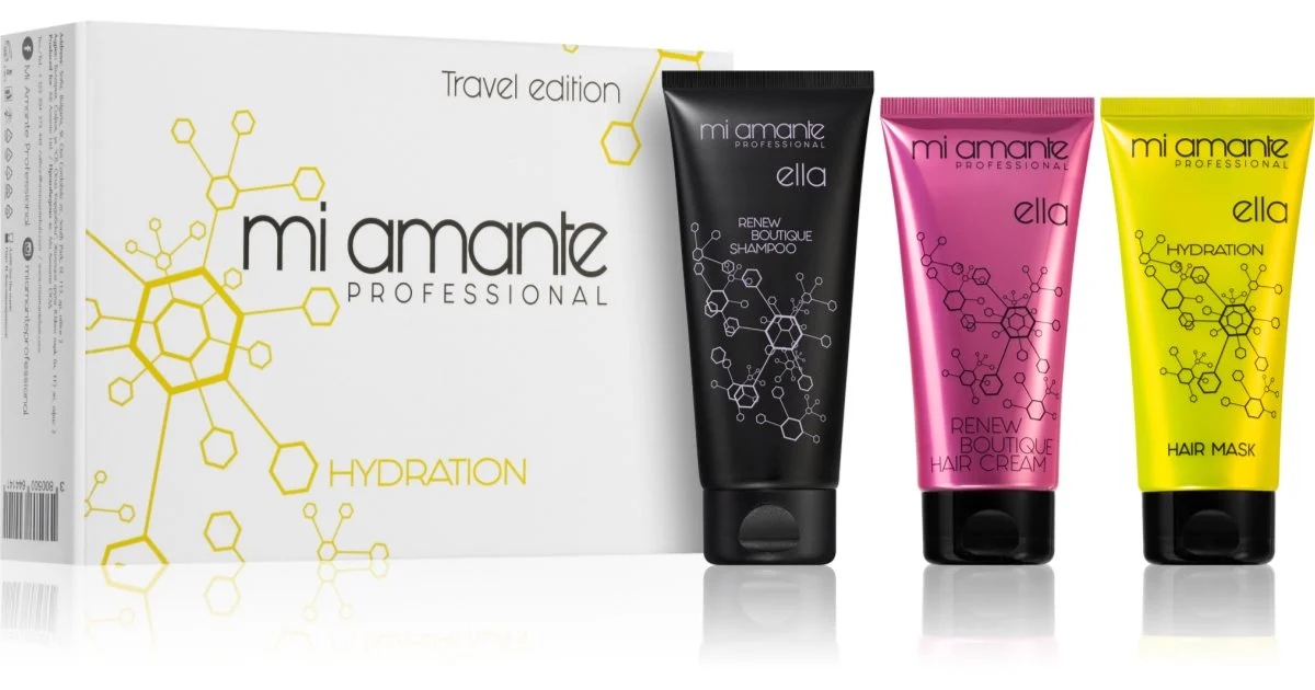 Mi Amante Professional Ella Hydration Set da viaggio per idratazione e brillantezzadei capelli shampoo con cheratina 100 ml + maschera intensiva 100 ml + crema rigenerante 100 ml