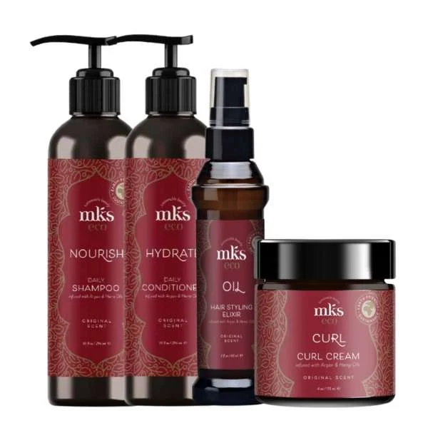 MKS ECO NOURISH DAILY SHAM. 296 ML. + CONDITIONER 296 ML. + OIL ELIXIR 60ML + CURL CREAM 113ML
