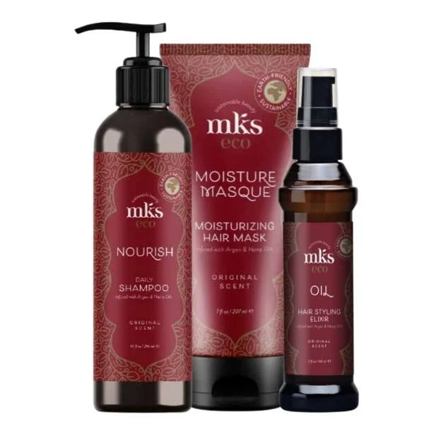 MKS ECO NOURISH DAILY SHAM. 296 ML. + RESTORATIVE HAIR MASK 207 ML. + ELIXIR ORIGINAL SCENT 60 ML.
