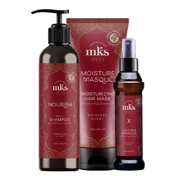 MKS ECO NOURISH DAILY SHAM. 296 ML. + RESTORATIVE HAIR MASK 207 ML. + LEAVE-IN & DETANGLER 118ML