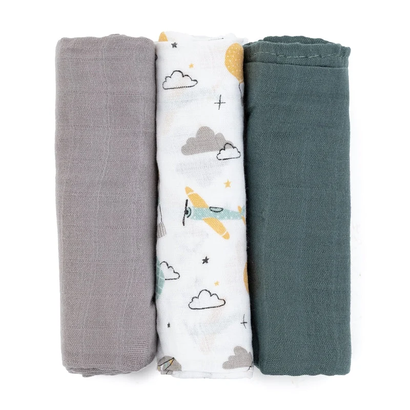 Petite&Mars Moussy pannolini in tessuto Grey Planes 68 x 68 cm 3 pezzi