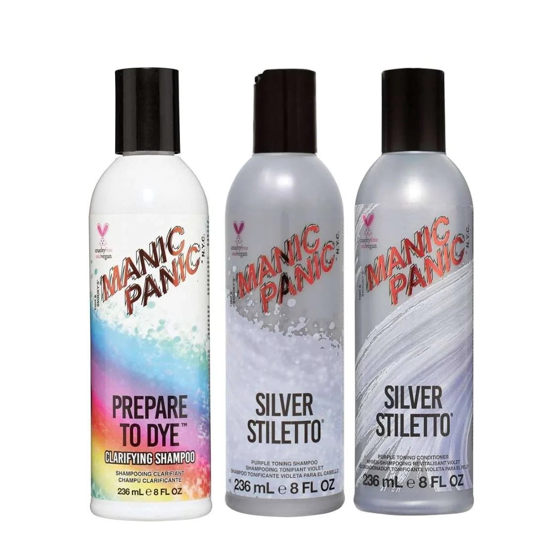 MANIC PANIC SILVER STILETTO PURPLE TONING SHAMPOO 236 ML. + CONDITIONER + CLARIFYING