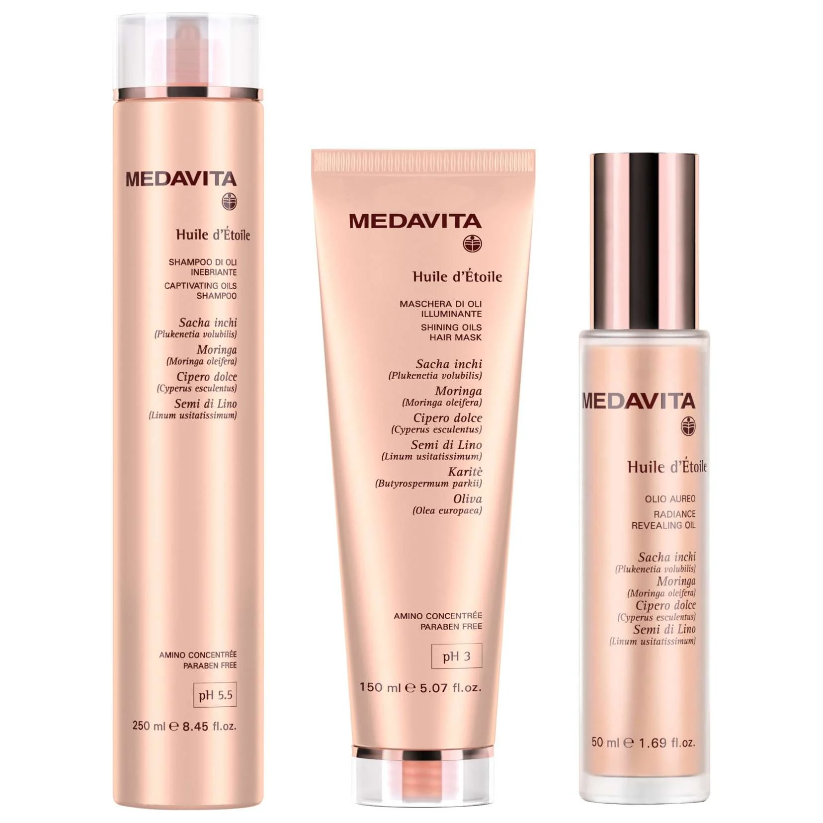 MEDAVITA HUILE D’ETOILE SHAMPOO DI OLI 250 ML + MASCHERA DI OLI 150 ML + OLIO AUREO 50 ML.