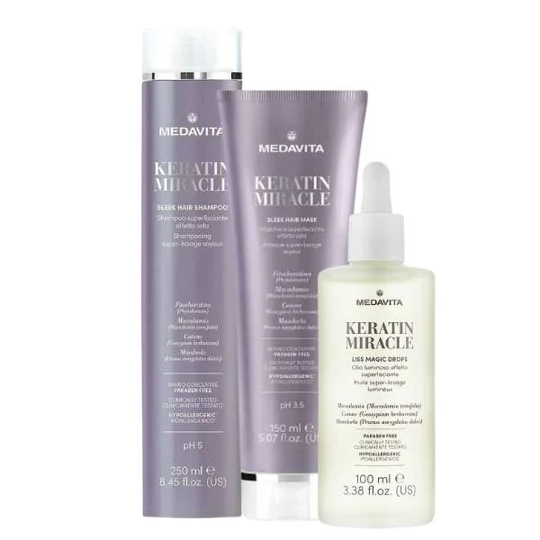 MEDAVITA KERATIN MIRACLE SLEEK HAIR SHAMPOO 250ML + HAIR MASK 150ML + MAGIC DROPS 100ML