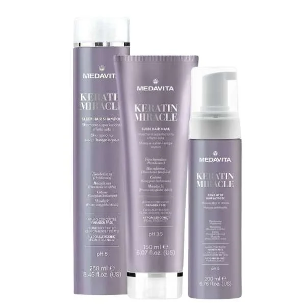 MEDAVITA KERATIN MIRACLE SLEEK HAIR SHAMPOO 250ML + MASK 150 + OVER HAIR MOUSSE 200ML