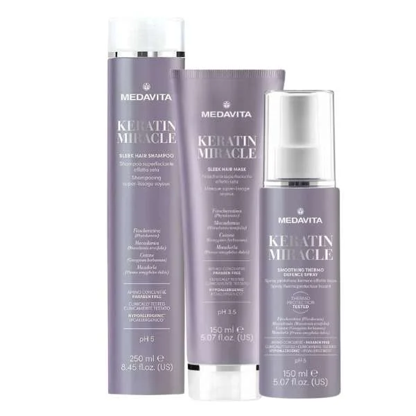 MEDAVITA KERATIN MIRACLE SLEEK HAIR SHAMPOO 250ML + MASK 150ML + THERMO DEFENCE SPRAY 150ML