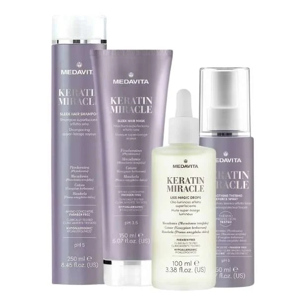 MEDAVITA KERATIN MIRACLE SLEEK SHAMPOO 250ML + MASK 150ML + THERMO SPRAY 150ML + MAGIC DROPS 100ML