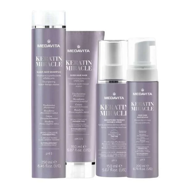 MEDAVITA KERATIN MIRACLE SLEEK HAIR SHAMPOO 250ML + MASK 150ML + THERMO SPRAY 150ML + MOUSSE 200ML