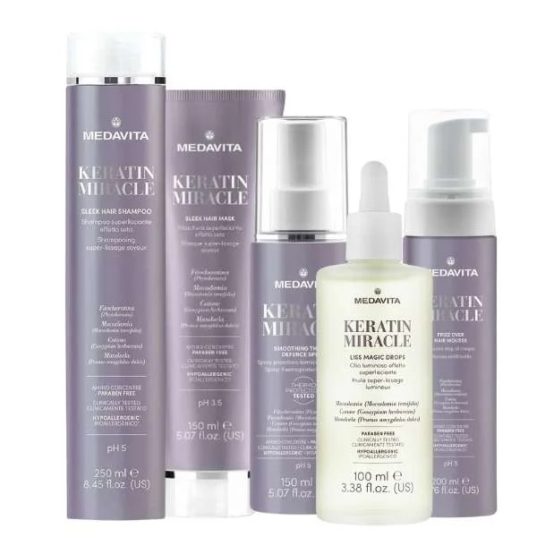 MEDAVITA KERATIN MIRACLE SLEEK SHAMPOO 250ML + MASK 150ML + SPRAY 150ML + MOUSSE 200ML + DROPS 100ML