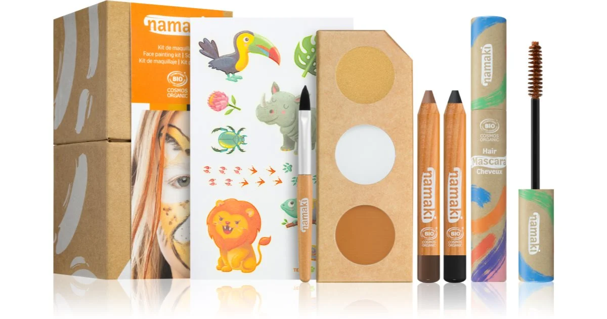 Namaki Wild Box set per il makeup per bambini colore per viso e corpo 3 pezzi + matita multifunzione per occhi, labbra e viso 2 pezzi + mascara per capelli + tatuaggio per bambini