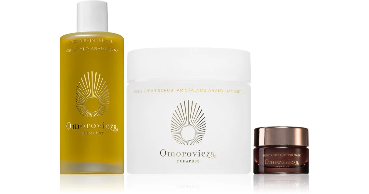 Omorovicza Pamper Yourself and Glow Kit confezione regalo scrub detergente delicato e nutriente allo zucchero 200 ml + olio corpo con oro 100 ml +maschera ricostruttore effetto idratante 15 ml