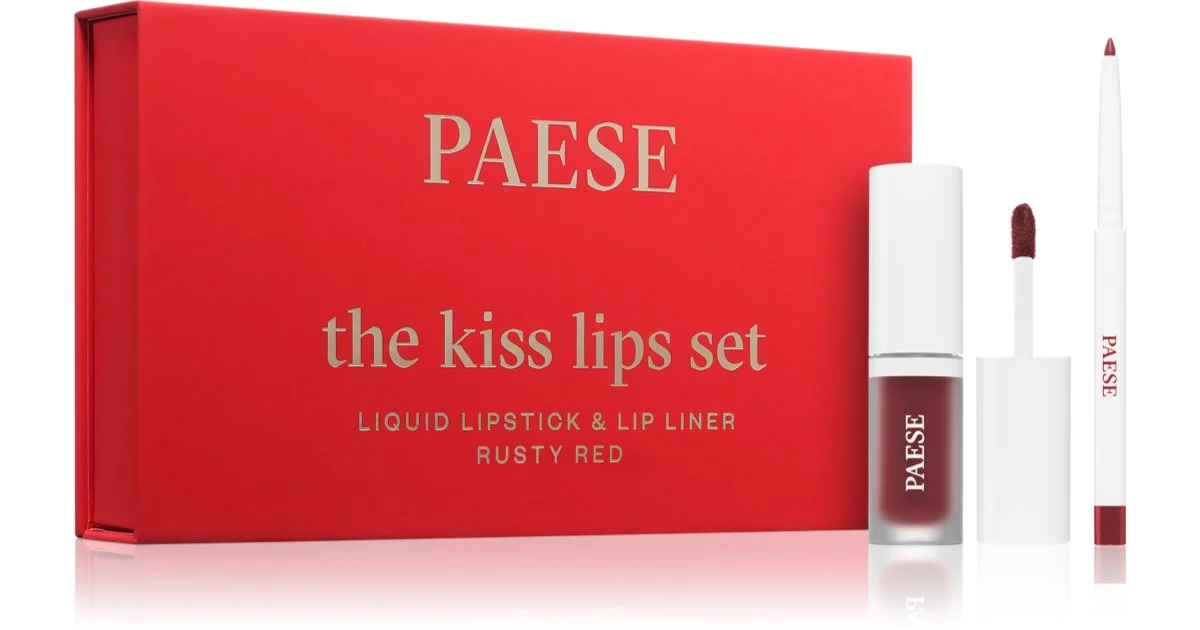 Paese The Kiss Lips Set Rusty Red confezione regalo colore 04 rossetto liquido matte 3,4 ml + matita contouring per le labbra 0,3 g