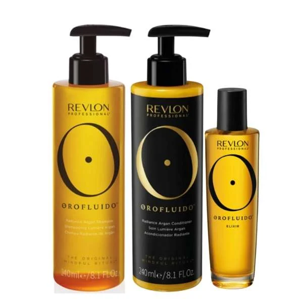 OROFLUIDO RADIANCE ARGAN SHAMPOO 240 ML. + ARGAN CONDITIONER 240 ML. + ORIGINAL ELIXIR 100ML