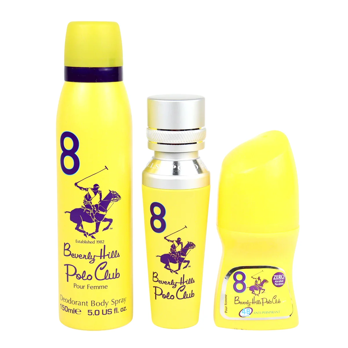 Set Beverly Hills Polo Club: 1982 - Sport 8 Eau de Parfum da donna 50 ml + 1982 - Sport 8 Spray corpo rinfrescante 150 ml + N ° 8 Deodorante antitraspirante roll-on da donna 50 ml