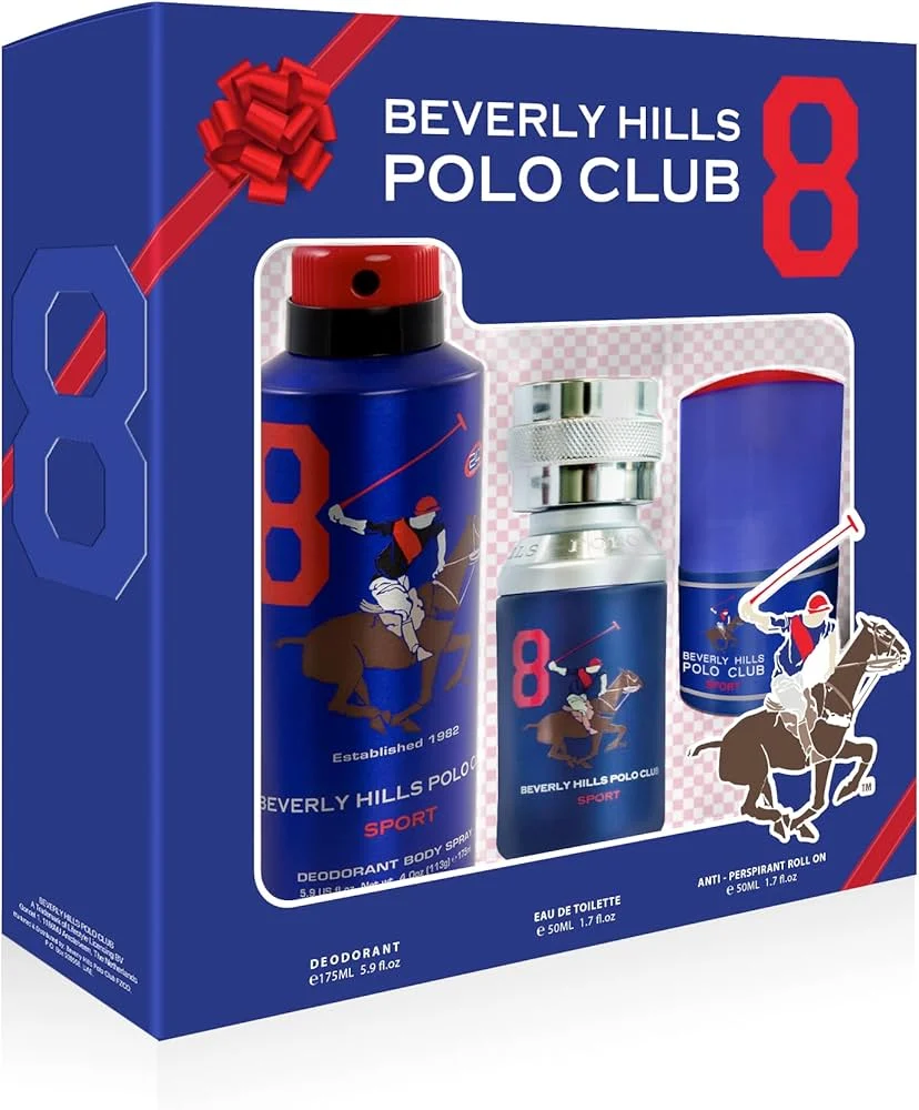 Set Beverly Hills Polo Club: 1982 - Sport 8 Eau de toilette da uomo 50 ml + 1982 - Sport 8 antitraspirante deodorante spray 175 ml + 1982 - Sport 8 deodorante roll-on 50 ml