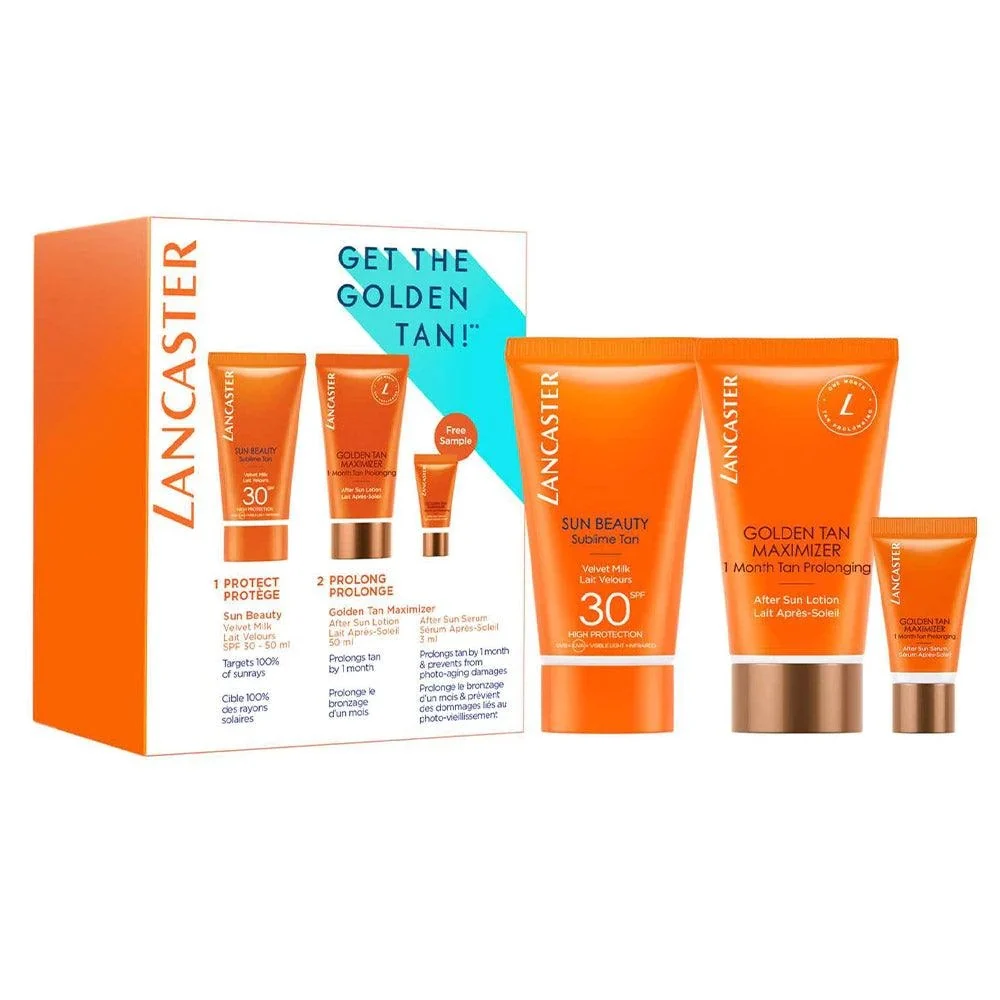 Get The Golden Tan! Set Lancaster: Golden Buriti siero doposole antirughe 3 ml + lozione doposole idratante e lenitiva Golden 50 ml + lozione solare protettiva UV SPF 30 50 ml