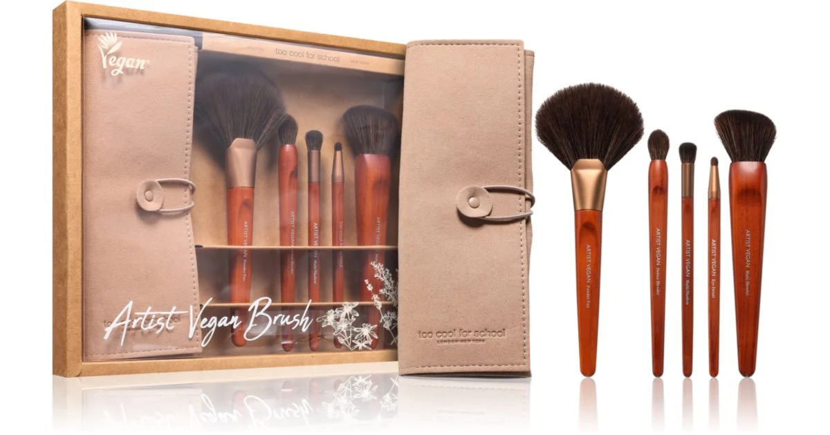 Too Cool For School Artist Vegan Set di pennelli con custodia pennello per cipria 1 pz + pennello multifunzione 1 pz + pennello contouring 1 pz + pennello per ombretti 1 pz