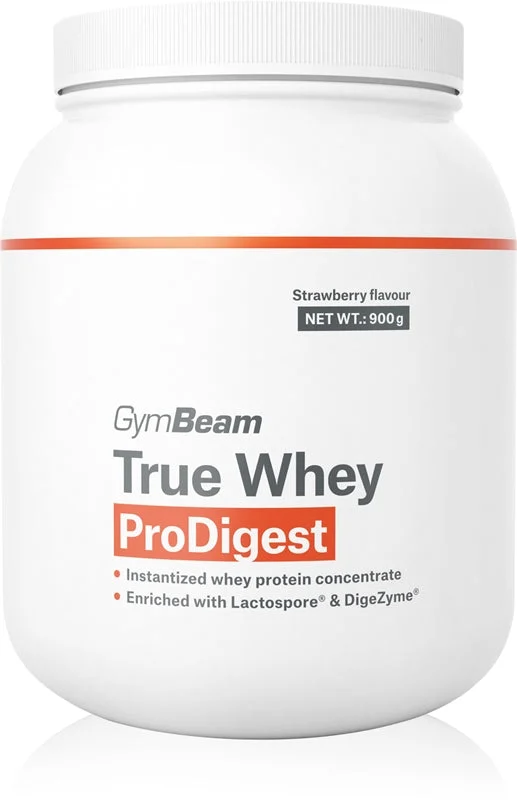 GymBeam True Whey ProDigest proteine dal siero del latte con enzimi digestivi aroma fragola 900 g