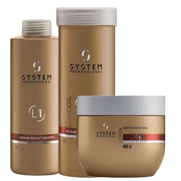 SYSTEM PROFESSIONAL LUXEOIL KERATIN PROTECT SHAMPOO L1 + RESTORE CONDITIONER L2 + RESTORE MASK L3